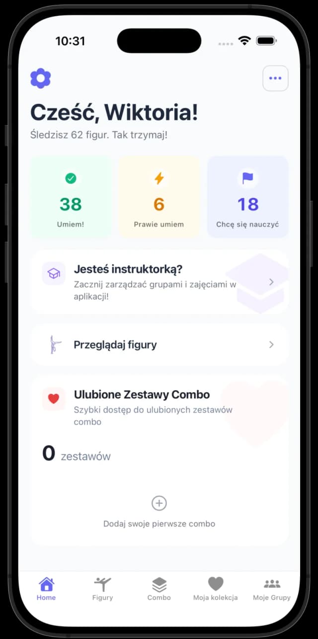 Spinella home screen with progress stats