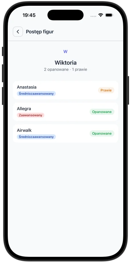 Student move progress list in the Spinella app