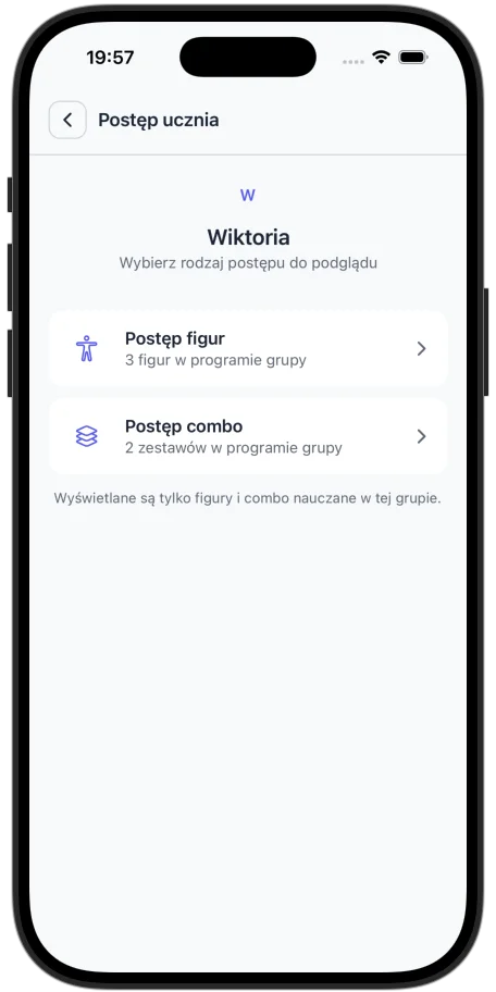 Student progress overview in a group in the Spinella app